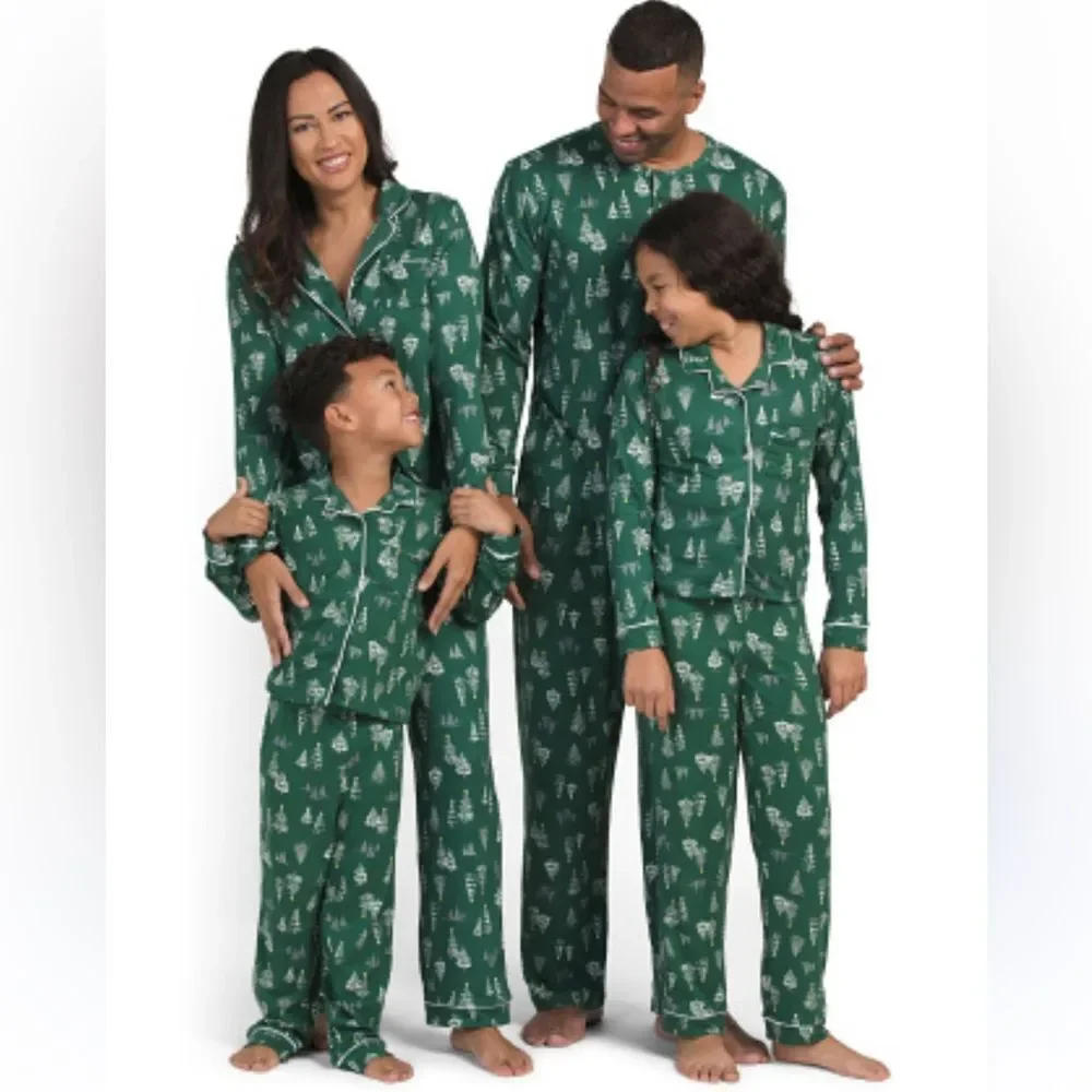TAHARI Family Matching PJ Winter Green White Pine Christmas Trees Yellow Star